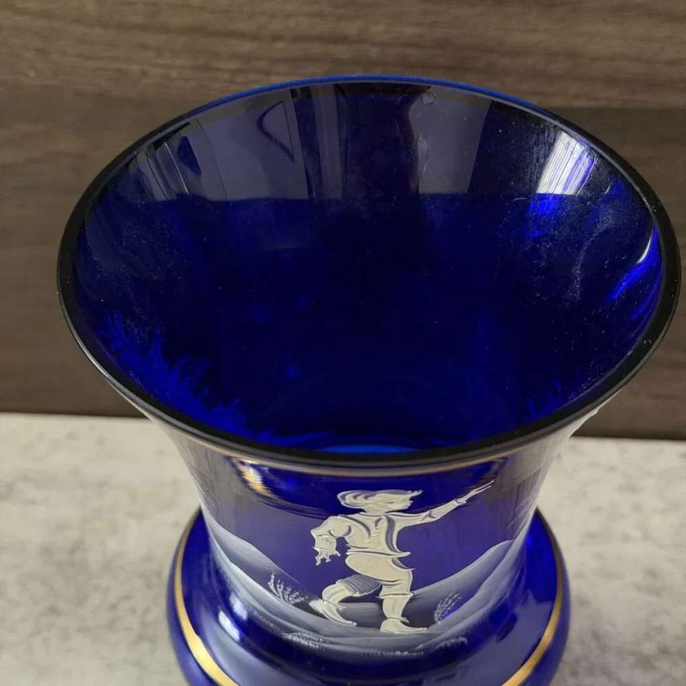 Antique Mary Gregory Cobalt Blue White Enamel Hand Painted Child Glass Vase 8